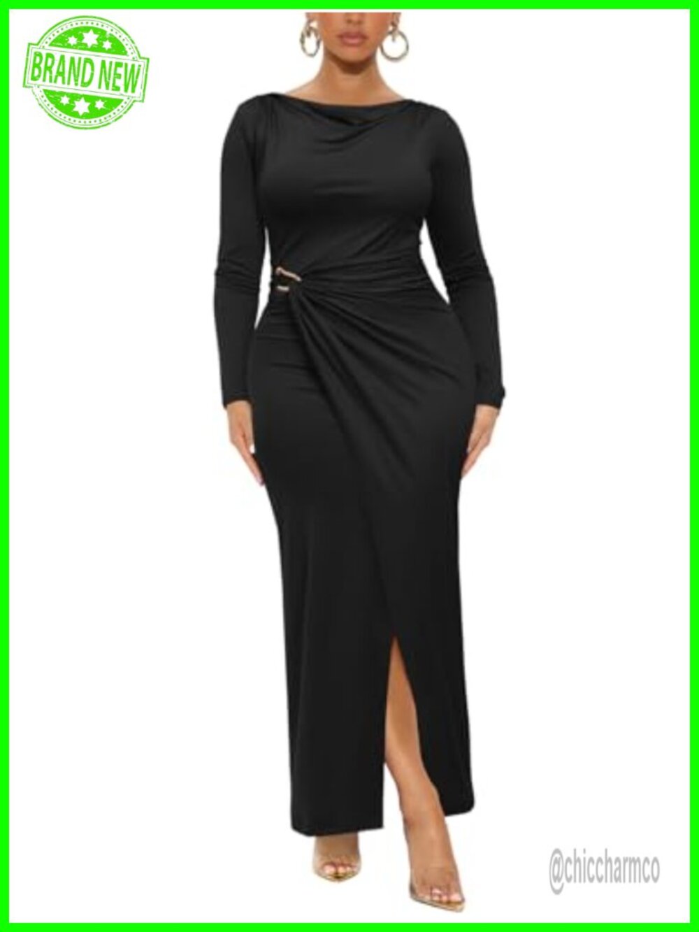 Cowl Neck Long Sleeve Bodycon Maxi Dress Side Slit Ruched Formal Wedding Guest
